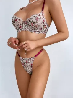 2-Piece Lingerie Floral Print Shaping Lace Red Bra Panty Sets