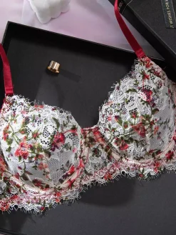 2-Piece Lingerie Floral Print Shaping Lace Red Bra Panty Sets