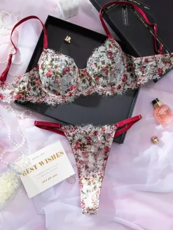 2-Piece Lingerie Floral Print Shaping Lace Red Bra Panty Sets