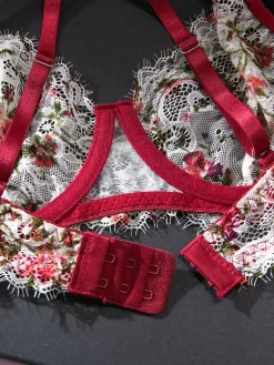 2-Piece Lingerie Floral Print Shaping Lace Red Bra Panty Sets