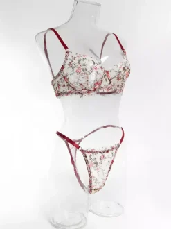 2-Piece Lingerie Floral Print Shaping Lace Red Bra Panty Sets
