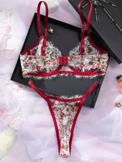 2-Piece Lingerie Floral Print Shaping Lace Red Bra Panty Sets