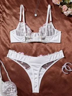 2-Piece Lingerie Floral Print Sheer White Bra Panty Sets