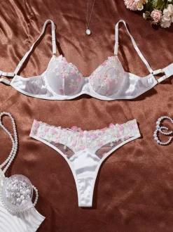 2-Piece Lingerie Floral Print Sheer White Bra Panty Sets