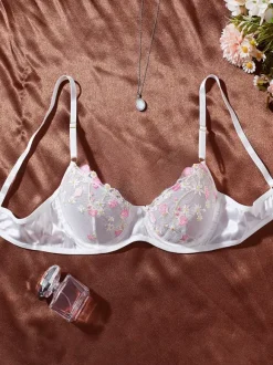 2-Piece Lingerie Floral Print Sheer White Bra Panty Sets