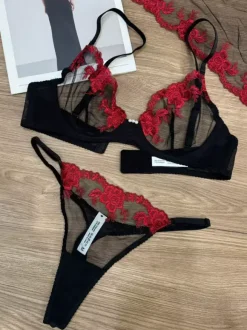 2-Piece Lingerie Floral Two-Tone Sheer Lace Flesh Bra Panty Sets