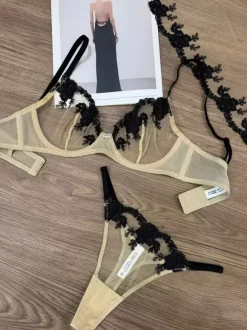 2-Piece Lingerie Floral Two-Tone Sheer Lace Flesh Bra Panty Sets