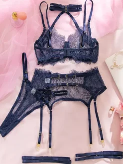 3-Piece Lingerie Lace Floral Dark Navy Cross-Strap Bra Panty Sets