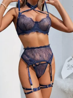3-Piece Lingerie Lace Floral Dark Navy Cross-Strap Bra Panty Sets