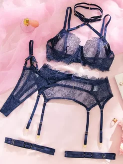 3-Piece Lingerie Lace Floral Dark Navy Cross-Strap Bra Panty Sets