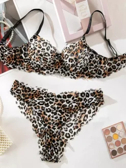 2-Piece Lingerie Leopard Print Shaping Lace Brown Bra Panty Sets