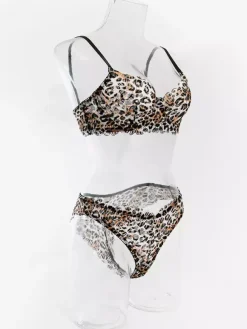 2-Piece Lingerie Leopard Print Shaping Lace Brown Bra Panty Sets