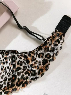 2-Piece Lingerie Leopard Print Shaping Lace Brown Bra Panty Sets