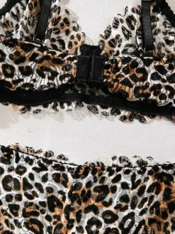 2-Piece Lingerie Leopard Print Shaping Lace Brown Bra Panty Sets