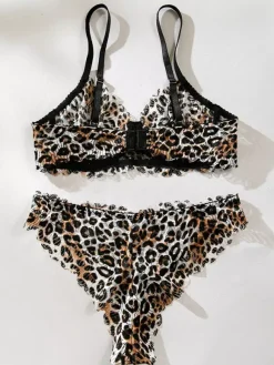 2-Piece Lingerie Leopard Print Shaping Lace Brown Bra Panty Sets