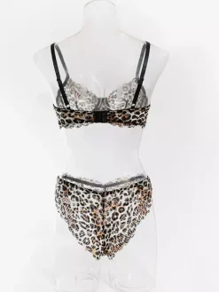 2-Piece Lingerie Leopard Print Shaping Lace Brown Bra Panty Sets