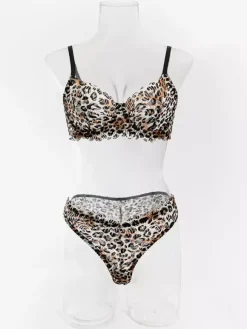 2-Piece Lingerie Leopard Print Shaping Lace Brown Bra Panty Sets