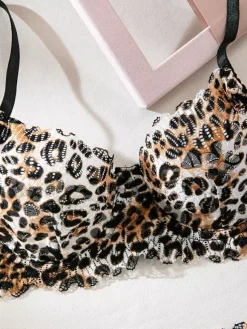 2-Piece Lingerie Leopard Print Shaping Lace Brown Bra Panty Sets