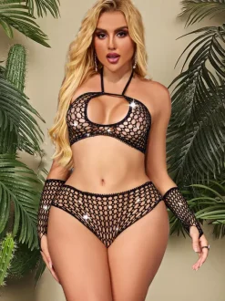 2-Piece Lingerie Rhinestones Black Sheer Crystal Fishnet Cut-Outs Bikini Bra Panty Sets