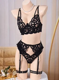 4-Piece Lingerie Set Sheer Lace Black Bra Panty Garter Sets