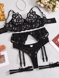 4-Piece Lingerie Set Sheer Lace Black Bra Panty Garter Sets