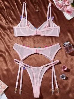 3-Piece Lingerie Sets Pink Butterfly Multicolor Lingerie Bra Panty Set