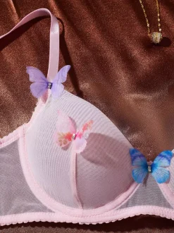 3-Piece Lingerie Sets Pink Butterfly Multicolor Lingerie Bra Panty Set