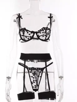3-Piece Lingerie Sheer Lace Up Red Bra Panty Sets