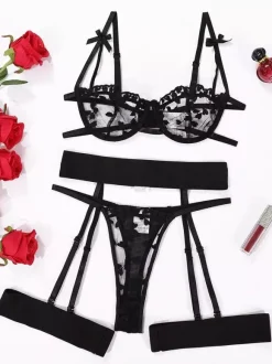 3-Piece Lingerie Sheer Lace Up Red Bra Panty Sets