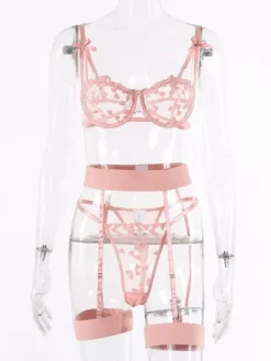 3-Piece Lingerie Sheer Lace Up Red Bra Panty Sets