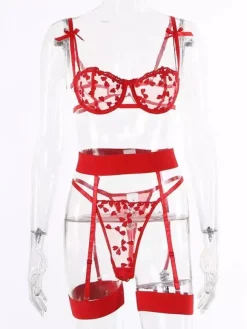 3-Piece Lingerie Sheer Lace Up Red Bra Panty Sets