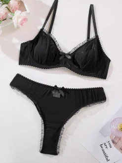 2-Piece Lingerie Sheer Pleated Black Bra Panty Sets