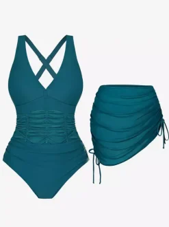 2-Piece Tummy Control Swimsuit For Women - Ruched V Neck Monokini With Drawstring Skirt Cover Up Set - Summer Pool 2026
