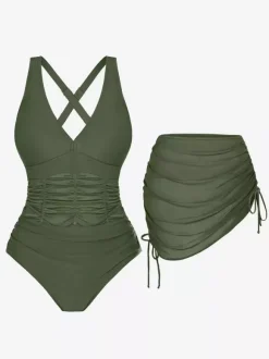 2-Piece Tummy Control Swimsuit For Women - Ruched V Neck Monokini With Drawstring Skirt Cover Up Set - Summer Pool 2026