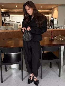2 Piece Blazer Pant Suit Set Puff Sleeve Blazer Wide Leg Pants Women Formal 2 Piece Blazer Pant Suit Set