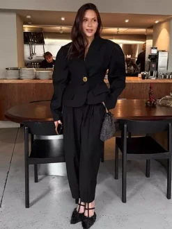 2 Piece Blazer Pant Suit Set Puff Sleeve Blazer Wide Leg Pants Women Formal 2 Piece Blazer Pant Suit Set