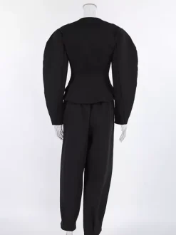 2 Piece Blazer Pant Suit Set Puff Sleeve Blazer Wide Leg Pants Women Formal 2 Piece Blazer Pant Suit Set