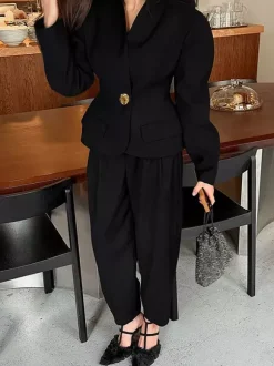 2 Piece Blazer Pant Suit Set Puff Sleeve Blazer Wide Leg Pants Women Formal 2 Piece Blazer Pant Suit Set