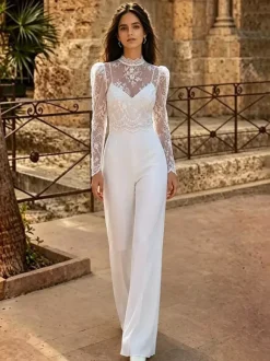 2 Piece Bridal Jumpsuit Lace Lace Floor-Length Jumpsuit Jewel Neck Long Sleeves Natural Waist Ivory