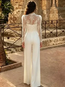 2 Piece Bridal Jumpsuit Lace Lace Floor-Length Jumpsuit Jewel Neck Long Sleeves Natural Waist Ivory