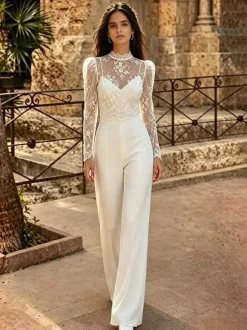 2 Piece Bridal Jumpsuit Lace Lace Floor-Length Jumpsuit Jewel Neck Long Sleeves Natural Waist Ivory