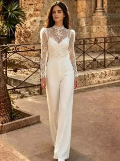 2 Piece Bridal Jumpsuit Lace Lace Floor-Length Jumpsuit Jewel Neck Long Sleeves Natural Waist Ivory