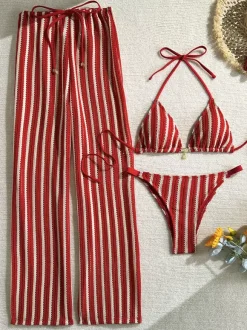 3 Piece Crochet Swimsuit Set For Women - Stripe Halter Triangle Bikini & Pants Cover Up - Summer Beach Vacation 2026