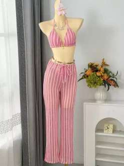 3 Piece Crochet Swimsuit Set For Women - Stripe Halter Triangle Bikini & Pants Cover Up - Summer Beach Vacation 2026