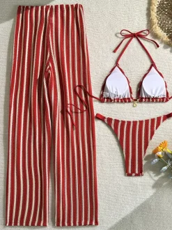 3 Piece Crochet Swimsuit Set For Women - Stripe Halter Triangle Bikini & Pants Cover Up - Summer Beach Vacation 2026