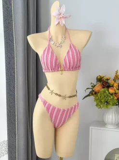 3 Piece Crochet Swimsuit Set For Women - Stripe Halter Triangle Bikini & Pants Cover Up - Summer Beach Vacation 2026