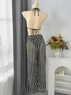 3 Piece Crochet Swimsuit Set For Women - Stripe Halter Triangle Bikini & Pants Cover Up - Summer Beach Vacation 2026