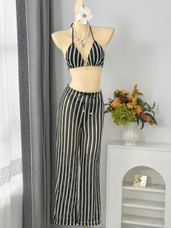3 Piece Crochet Swimsuit Set For Women - Stripe Halter Triangle Bikini & Pants Cover Up - Summer Beach Vacation 2026