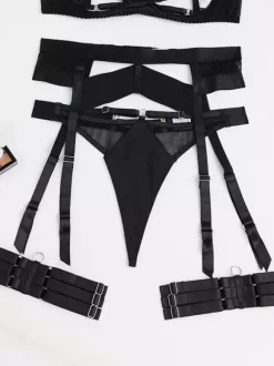 3-Piece Lingerie Black Cupless Bra Panty Garter Belt Sets