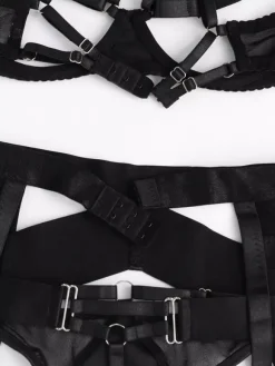 3-Piece Lingerie Black Cupless Bra Panty Garter Belt Sets
